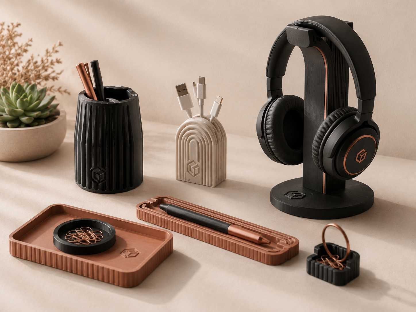 Acessórios de mesa e suporte de fone impressos em 3D